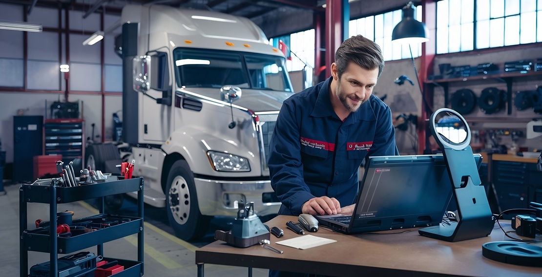 truck workshop interior with tools cart laptop computer diagnostics tool servicing truck ve fleet management