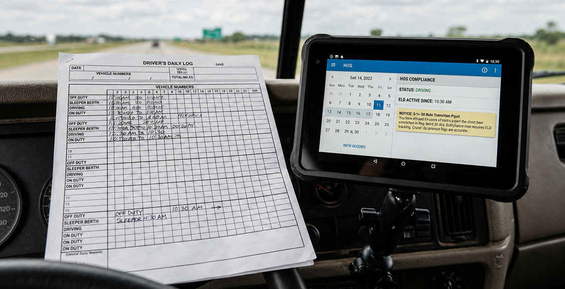 Use an ELD and Who Does Not Paper duty status log next to an ELD tablet showing the transition point under the 8 in 30 rule copy 8-in-30 rule