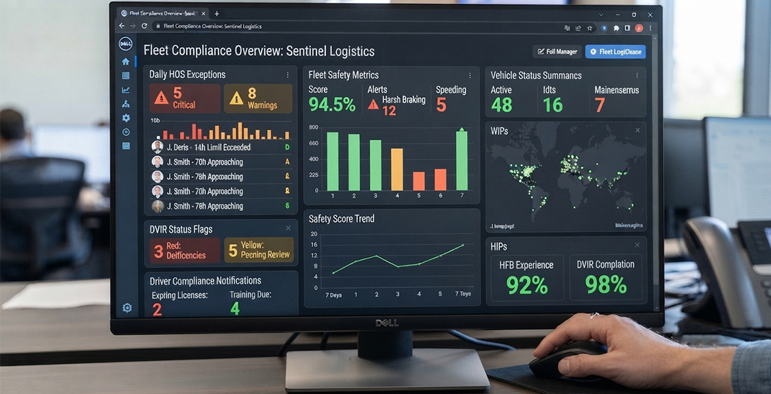 Daily HOS and DVIR compliance alerts on a fleet dashboard