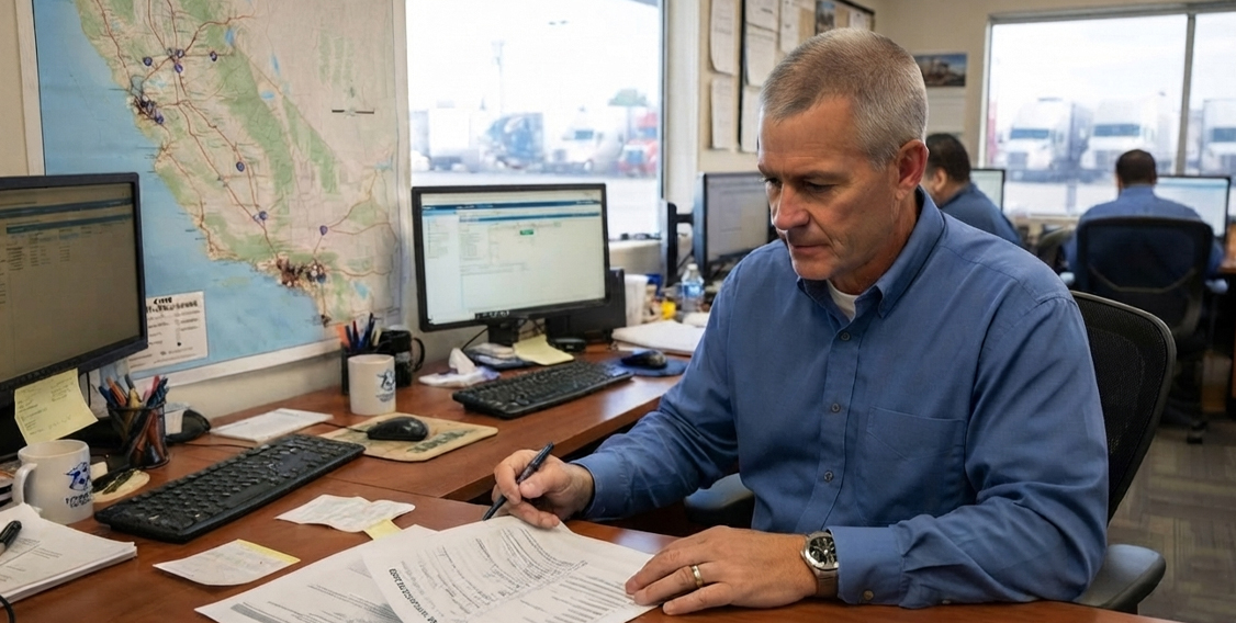 Use an ELD and Who Does Not Fleet manager reviewing CARB Clean Truck Check compliance checklist before dispatching trucks into California