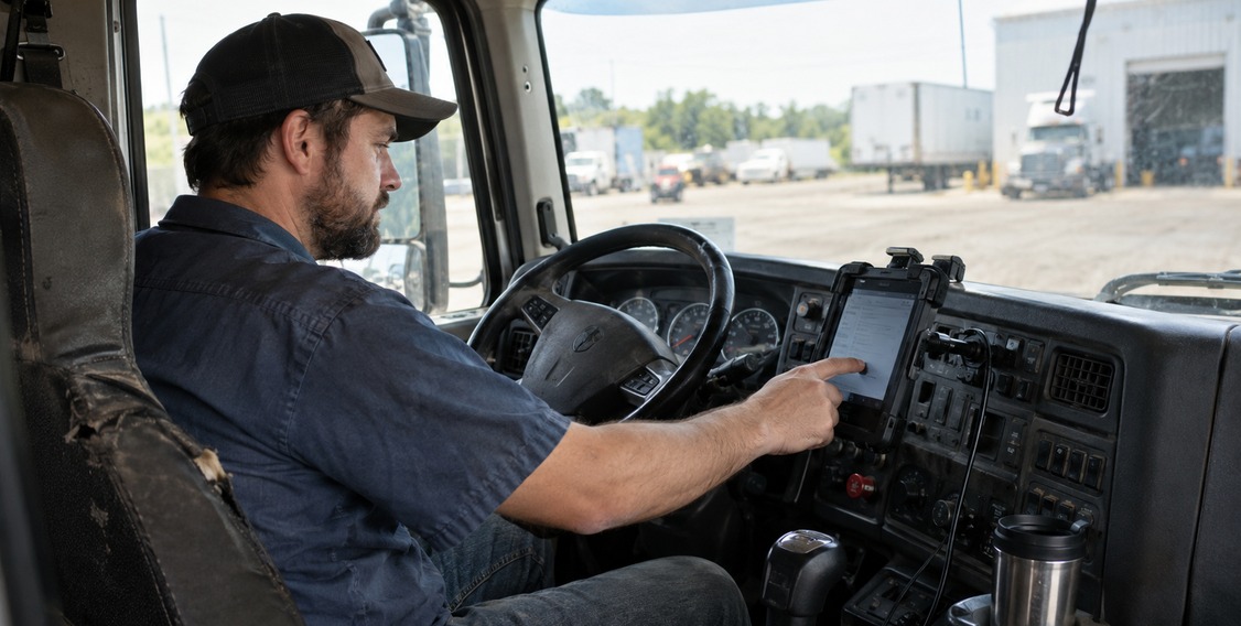 Use an ELD and Who Does Not Geosavi ELD tablet in truck cab showing accurate HOS logs that protect CSA score at roadside inspections