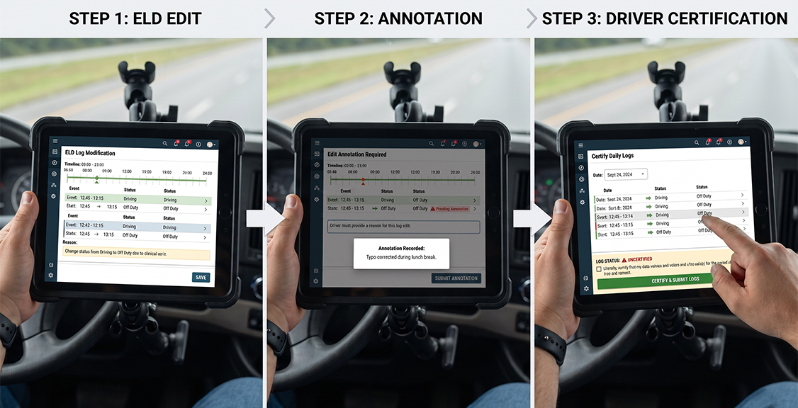 Use an ELD and Who Does Not Geosavi diagram comparing ELD edit, annotation, and certification steps