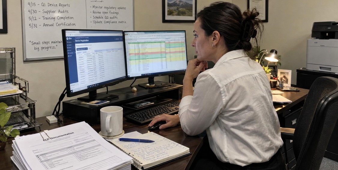 Use an ELD and Who Does Not Fleet compliance officer checking FMCSA registered ELD list and Appendix A technical requirements at a Geosavi supported compliance desk