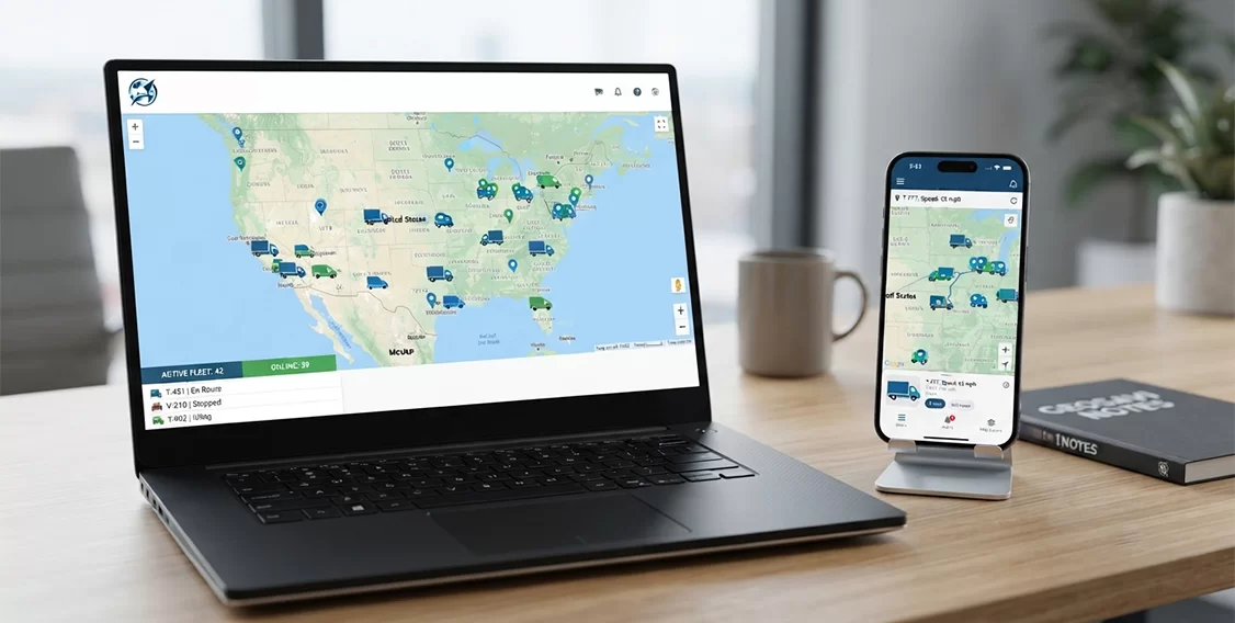 GPS fleet tracking software displayed on laptop and mobile with live vehicle map and trip data