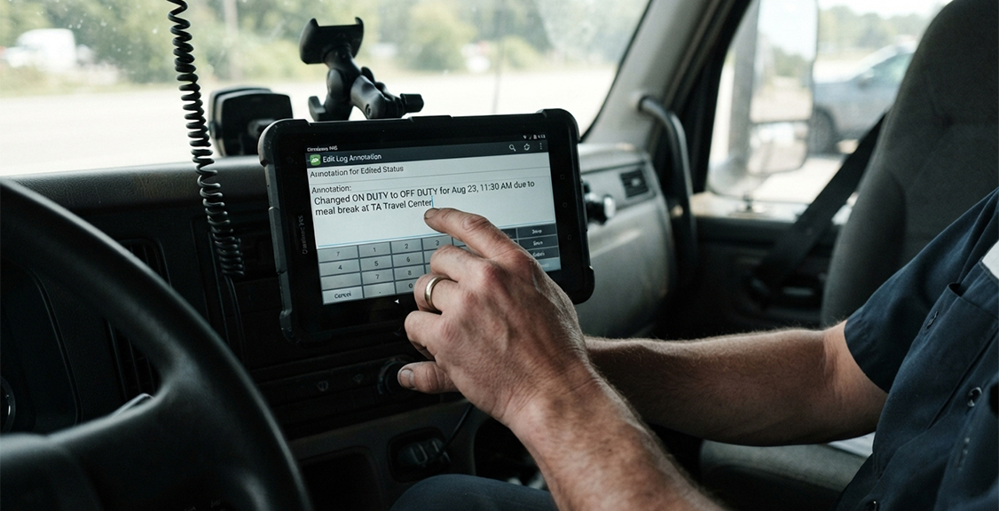 Use an ELD and Who Does Not Driver entering an ELD edit annotation on a tablet screen