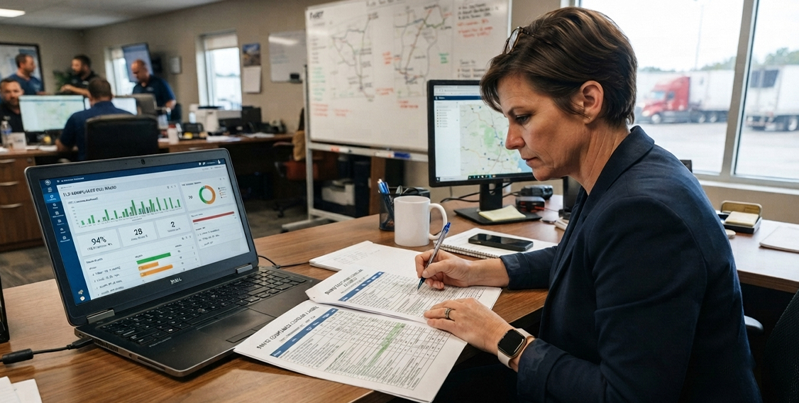 Use an ELD and Who Does Not fleet manager at a desk reviewing