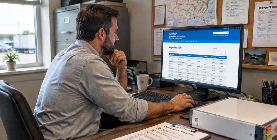 Use an ELD and Who Does Not Fleet manager reviewing FMCSA registered ELD list and Appendix A compliance requirements at a Geosavi supported fleet operations desk