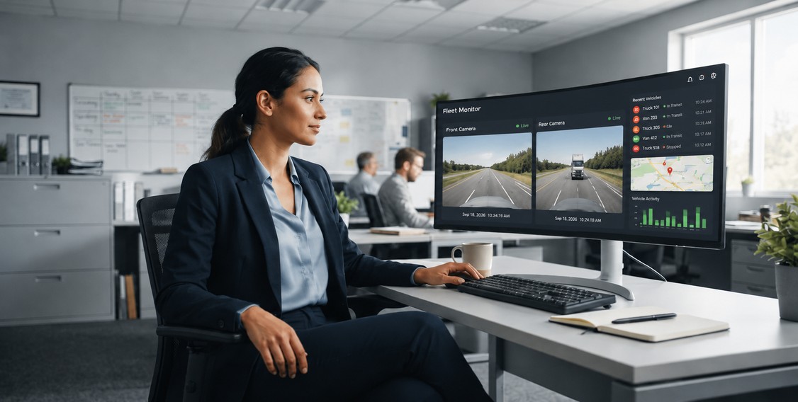 Use an ELD and Who Does Not Fleet manager reviewing a video telematics dashboard with truck camera feeds and driving event alerts in a transportation logistics office.