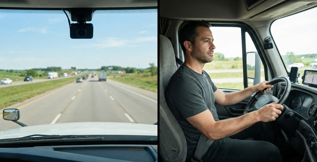 Use an ELD and Who Does Not A split view of a semi-truck driver and the road ahead, captured by telematics cameras.